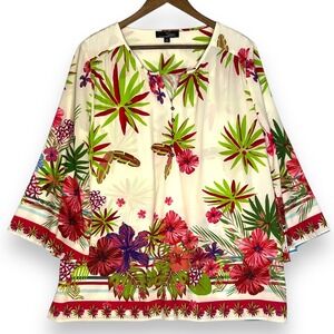 Suzanne Betro Tropical Floral Print Blouse Vacation 1X Button‎ Up 3/4 Sleeve Top